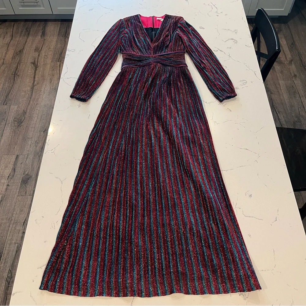 2741 Jonathan Simkhai Rainbow Metallic Pleated Long Sleeve V-Neck Party Gown 4 - Picture 3 of 9